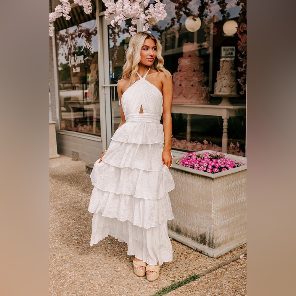 Impressions Boutique Tiered Maxi Dress in Ivory